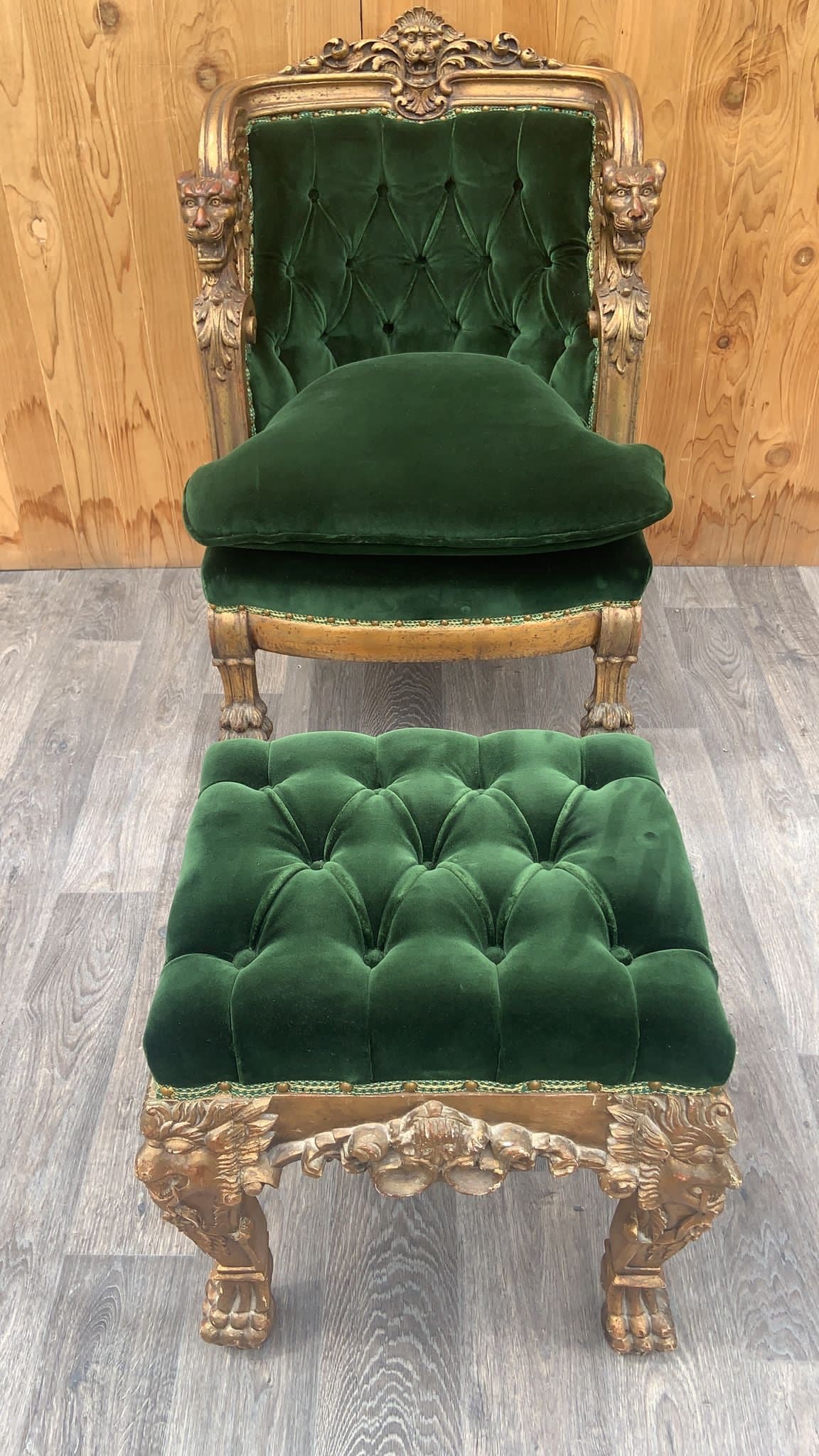 Antique French Renaissance Carved & Gilded Figural Winged Griffen Arm Chair and Ottoman Newly Upholstered In Plush "Emerald" - Set of 2