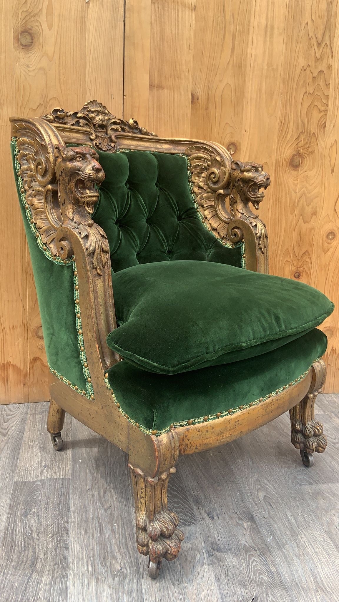 Antique French Renaissance Carved & Gilded Figural Winged Griffen Arm Chair and Ottoman Newly Upholstered In Plush "Emerald" - Set of 2