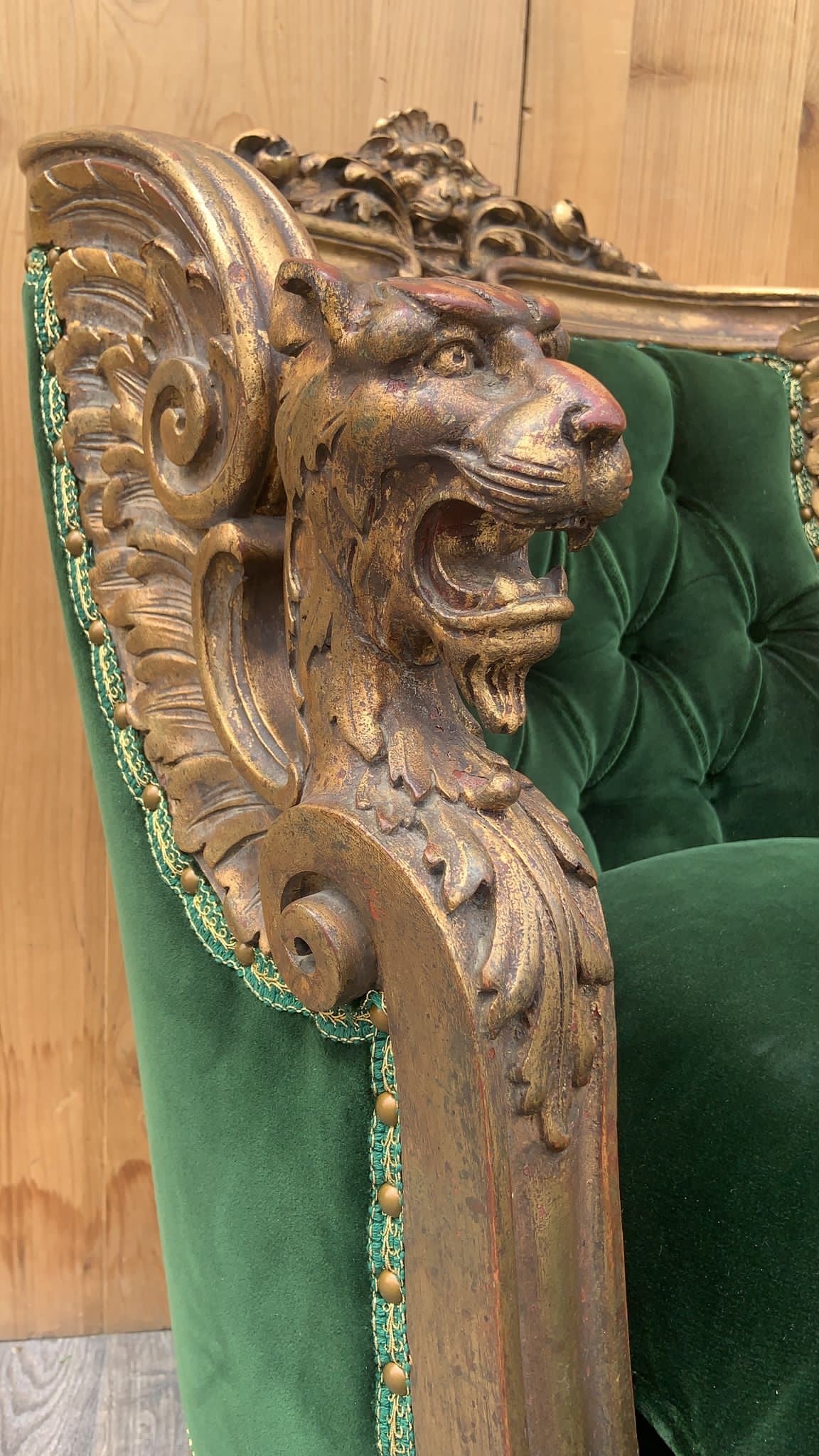 Antique French Renaissance Carved & Gilded Figural Winged Griffen Arm Chair and Ottoman Newly Upholstered In Plush "Emerald" - Set of 2