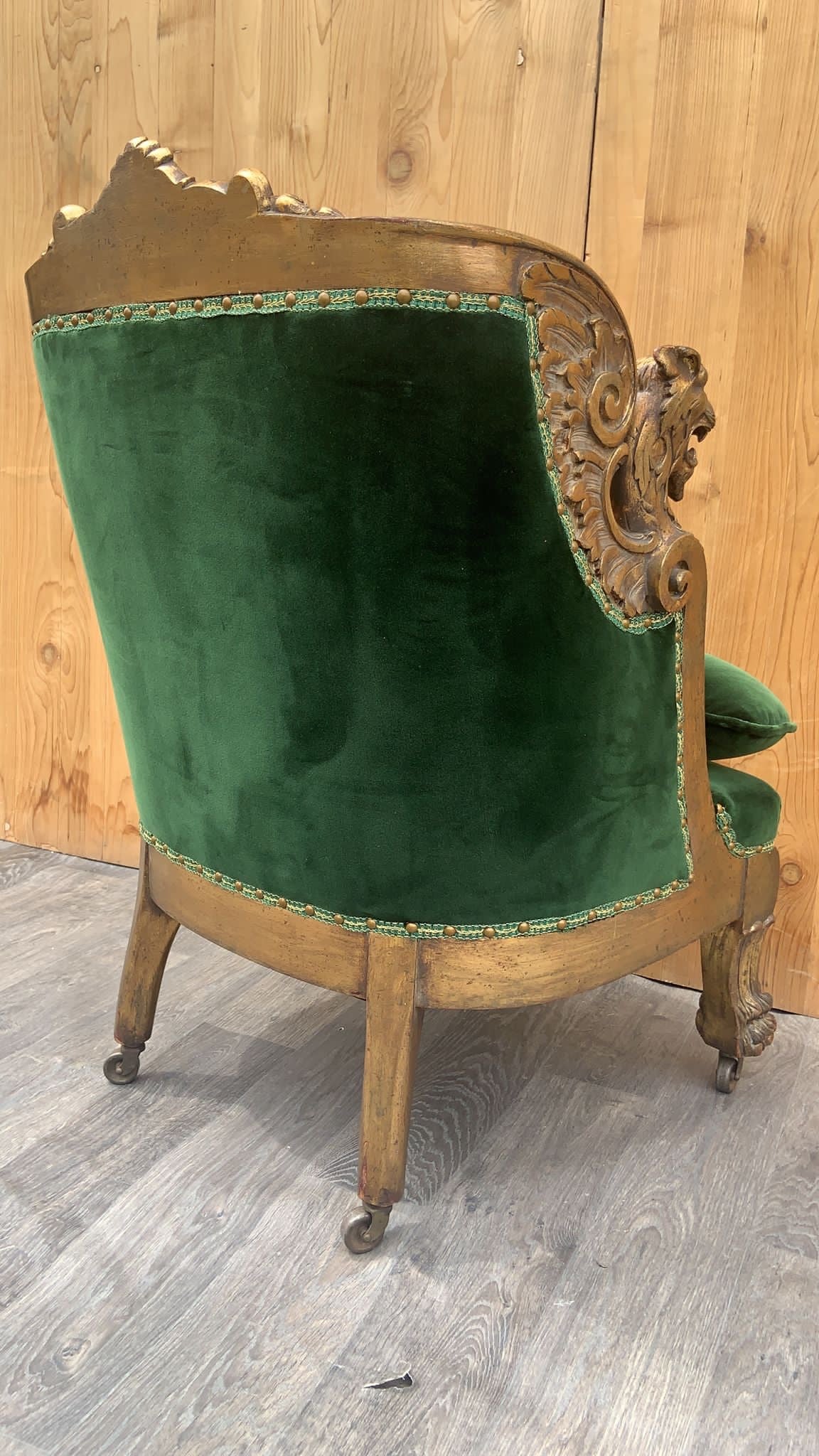 Antique French Renaissance Carved & Gilded Figural Winged Griffen Arm Chair and Ottoman Newly Upholstered In Plush "Emerald" - Set of 2