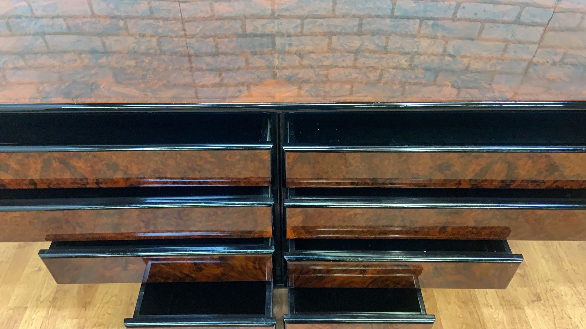 Vintage Art Deco Roche-Bobois Burled Olive Wood & Black Lacquer Credenza