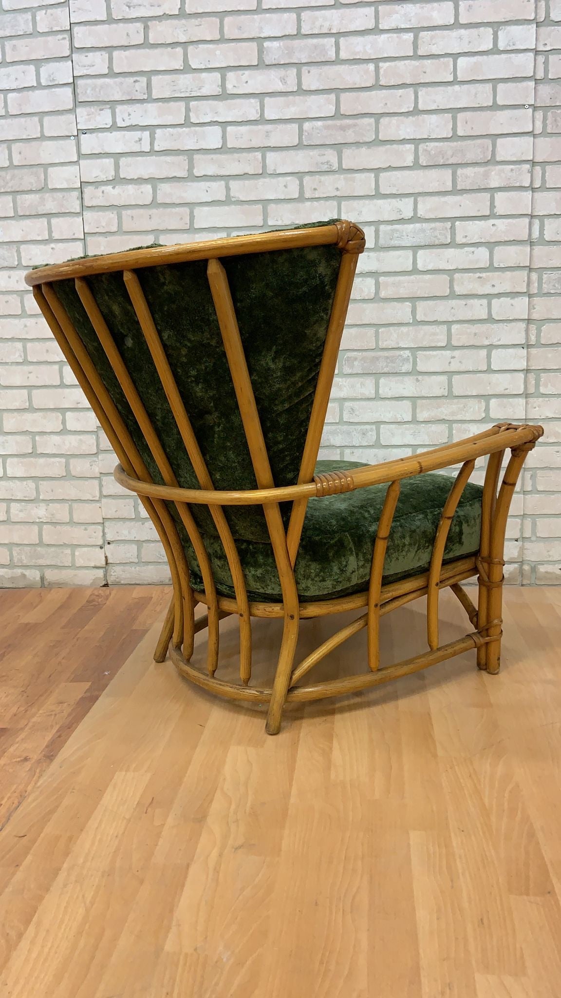 Vintage Mid Century Modern Rare Heywood Wakefield Ashcraft Rattan Lounge Chairs Newly Upholstered in a Deep Emerald Green Velvet - Set of 2