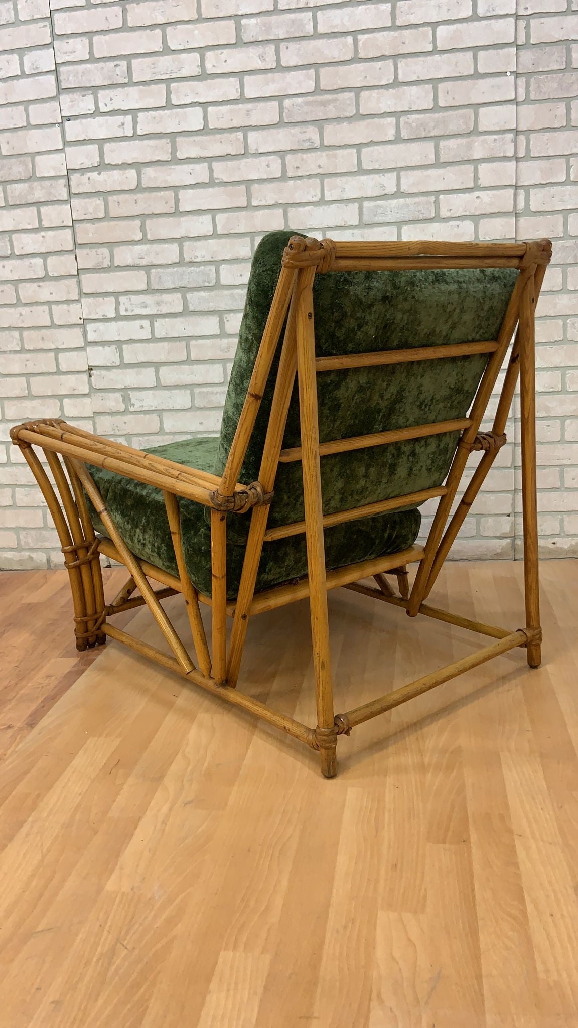 Vintage Mid Century Modern Rare Heywood Wakefield Ashcraft Rattan Lounge Chairs Newly Upholstered in a Deep Emerald Green Velvet - Set of 2