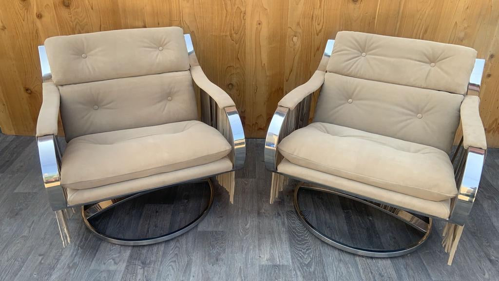 Mid Century Modern Gardner Leaver for Steelcase Sculptural Chrome Series 455 Swivel Lounge Chairs Newly Upholstered - Pair