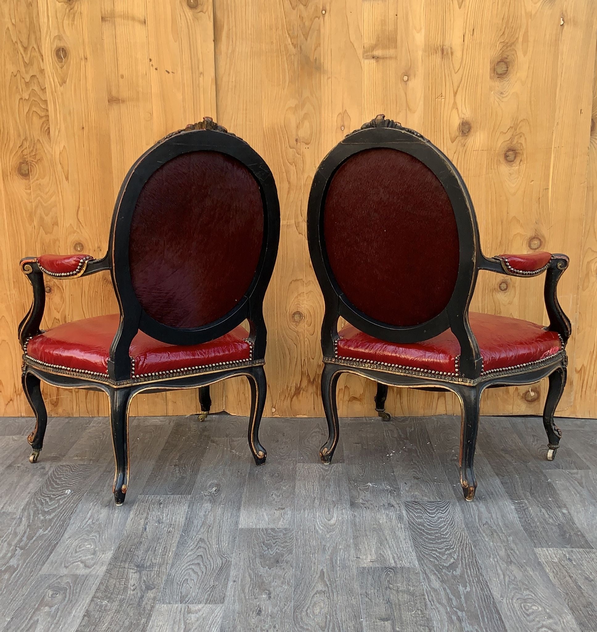 Antique French Napoleon III Carved Armchairs Newly Upholstered in Deep-Red Distressed Italian Leather - Pair