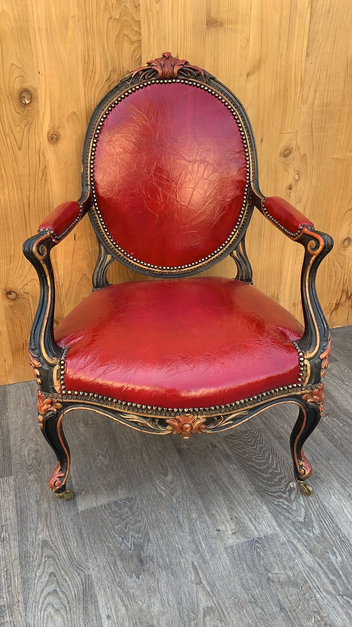 Antique French Napoleon III Carved Armchairs Newly Upholstered in Deep-Red Distressed Italian Leather - Pair