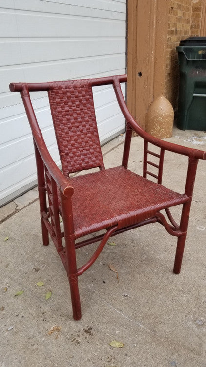 Hollywood Regency Tommi Parzinger Style Red Bamboo and Wicker Armchair