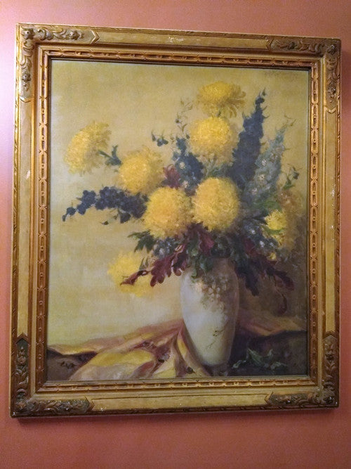 Vintage Floral Still Life Oil Painting in Ornate Gold Frame