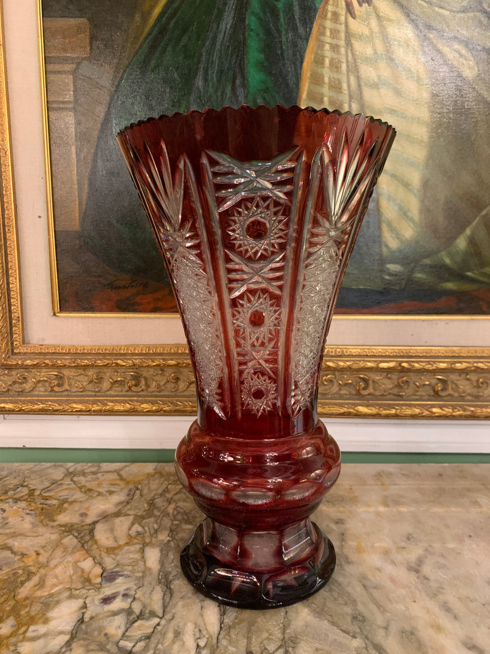 Mid Century Crystal Cut Cranberry Vase