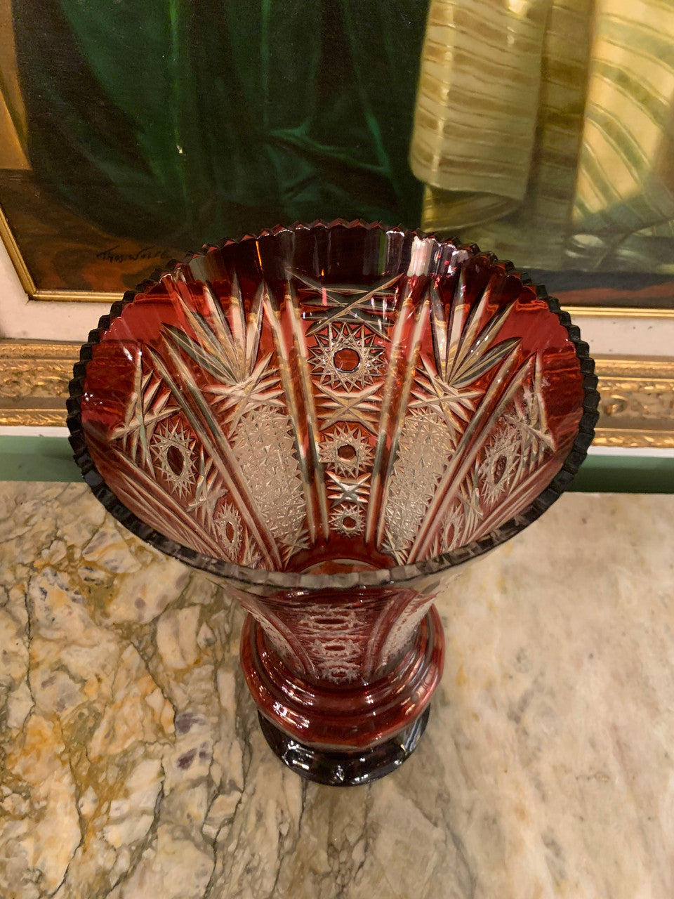 Mid Century Crystal Cut Cranberry Vase