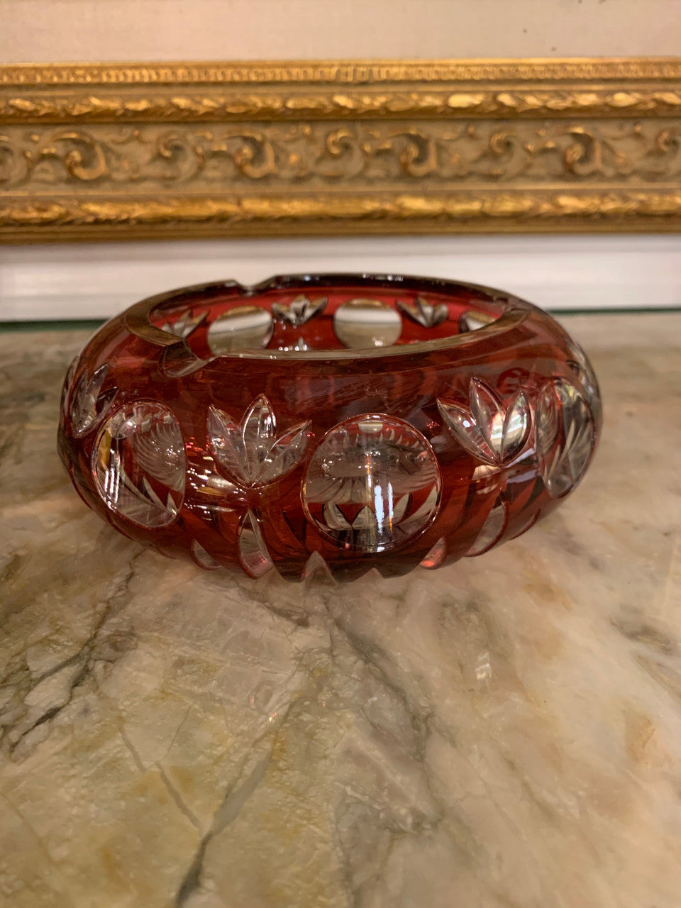 Vintage Cut Crystal Red Cranberry Ashtray