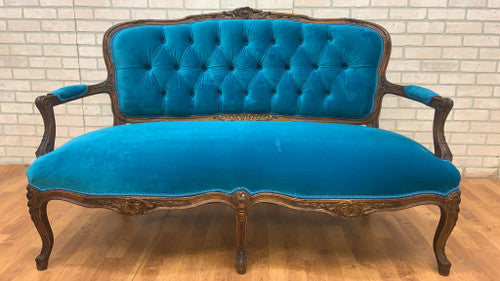 Antique French Louis XV Style Carved Walnut Settee Newly Reupholstered