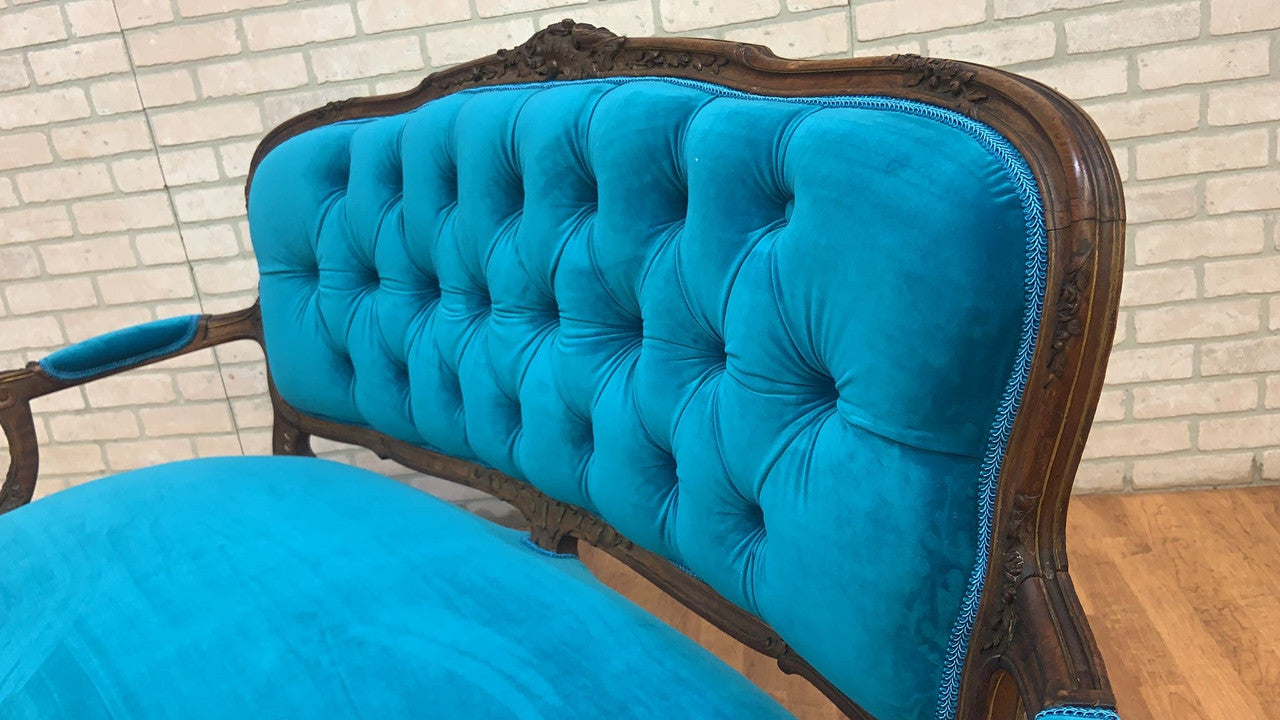 Antique French Louis XV Style Carved Walnut Settee Newly Reupholstered