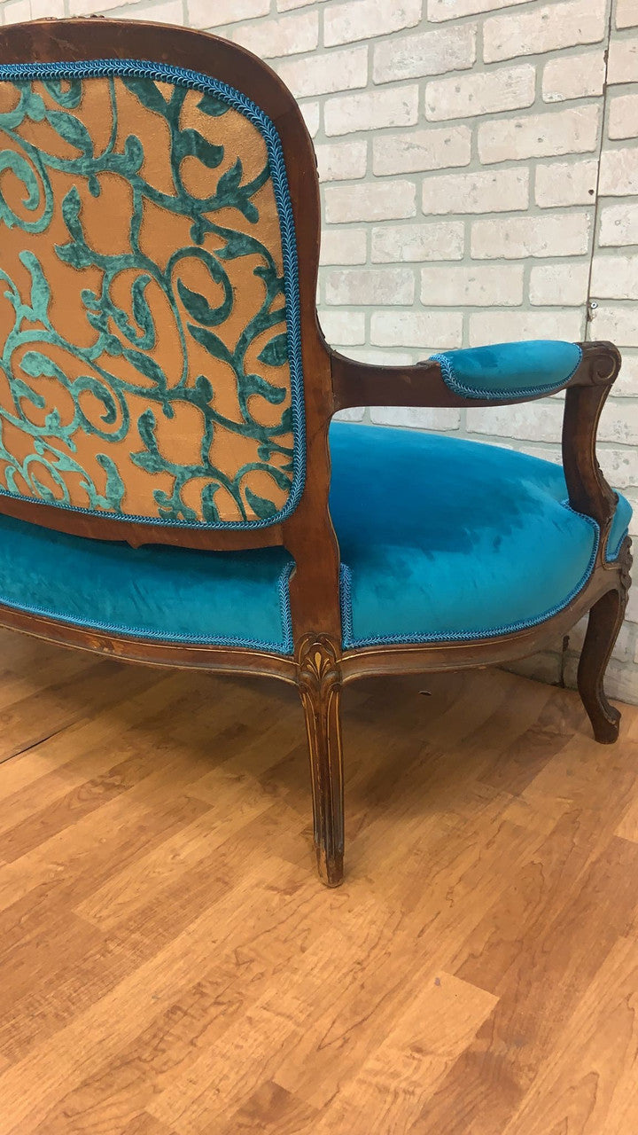 Antique French Louis XV Style Carved Walnut Settee Newly Reupholstered
