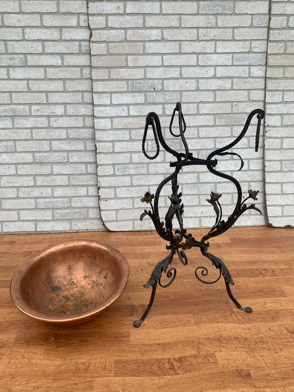Antique Floral Accent Wrought Iron and Copper Planter - 2 Piece Set