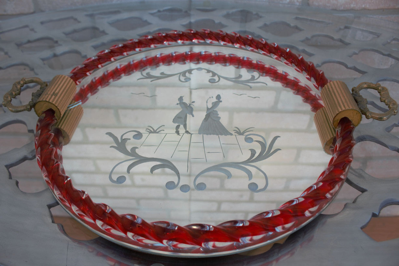 Venini Murano Glass Etched Mirror Vanity Tray