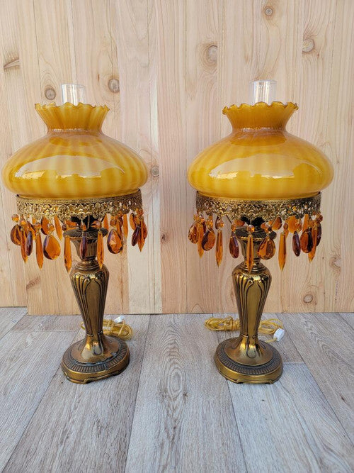 Vintage French Boudoir Style Electric Amber Glass Shade Oil Lamps - Pair