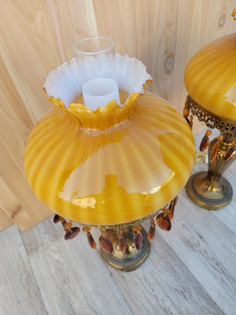 Vintage French Boudoir Style Electric Amber Glass Shade Oil Lamps - Pair