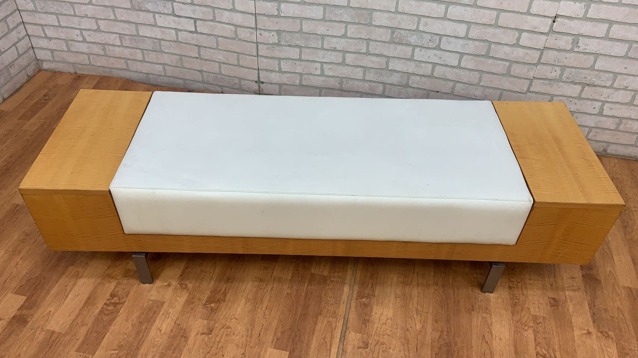 Vintage Modern Birchwood and White Leather Commercial Bench