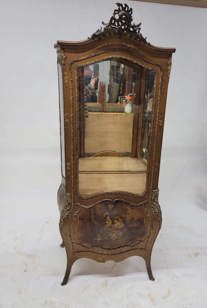 Antique French Vernis Martin Hand Painted Single Brass Ormolu Mounted Bombe Display Vitrine Cabinet