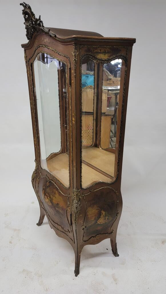 Antique French Vernis Martin Hand Painted Single Glass Door Brass Ormolu Mounted Bombe Display Vitrine Cabinet