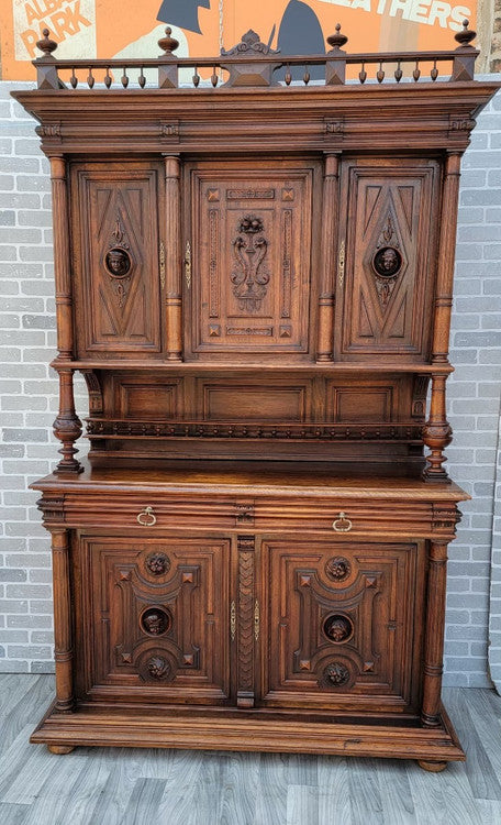 Antique French Gothic Figural Carved Walnut Chateau Buffet Sideboard Cabinet