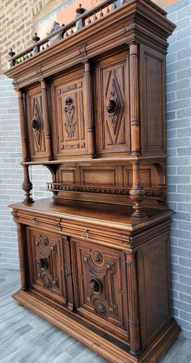 Antique French Gothic Figural Carved Walnut Chateau Buffet Sideboard Cabinet