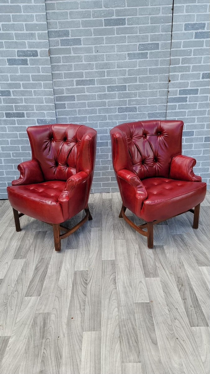 Mid Century Modern Ed Wormley Style Chesterfield Wingback Chairs Newly Upholstered - Pair