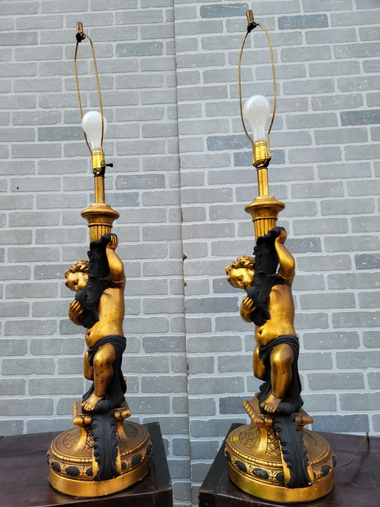 Vintage Italian Gilt Table Lamps in the form of a Cherub/Putti- Pair