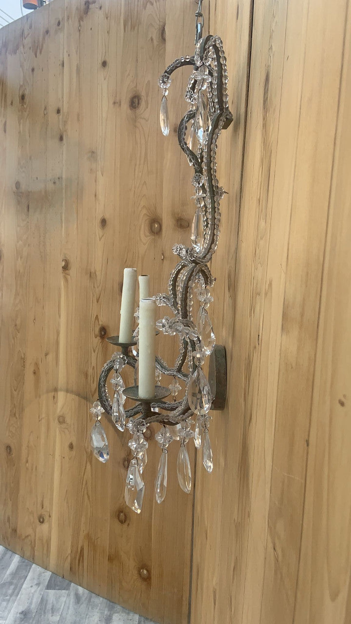 Vintage Dennis & Leen French Louis XIV Styled Large Iron & Crystal Beaded 3 Light Wall Sconces - Pair