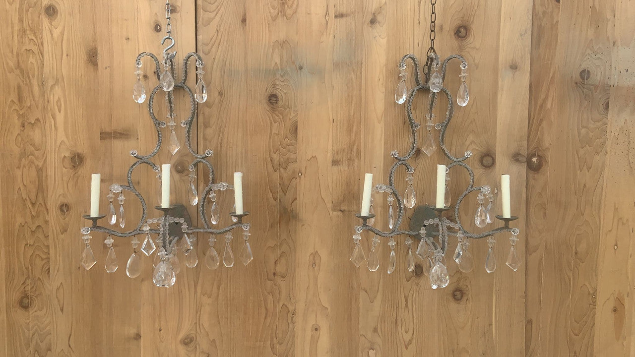 Vintage Dennis & Leen French Louis XIV Styled Large Iron & Crystal Beaded 3 Light Wall Sconces - Pair