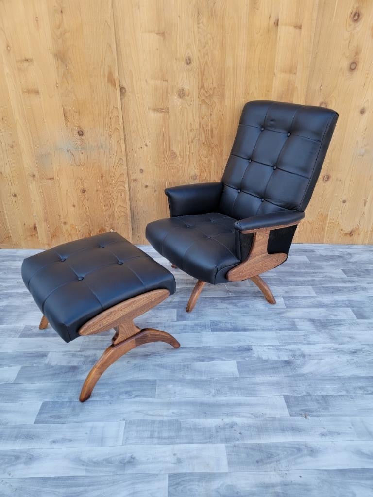 Mid Century Modern Heywood Wakefield Style Walnut Swivel Rocking Lounge Chair & Ottoman Newly Upholstered in "Black-Beauty" Button Tufted Italian Leather and Cowhide