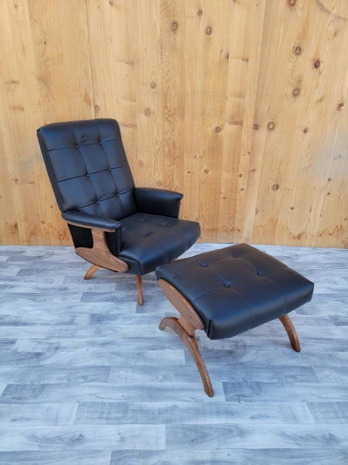 Mid Century Modern Heywood Wakefield Style Walnut Swivel Rocking Lounge Chair and Ottoman Newly Upholstered