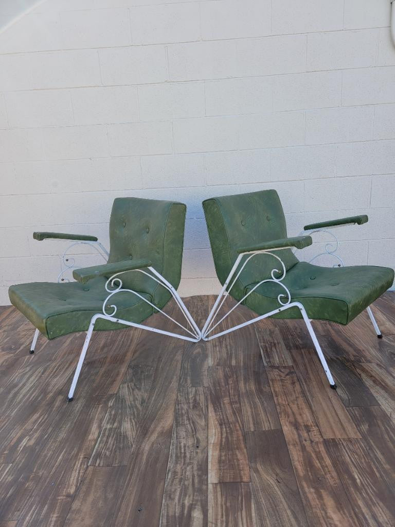 Mid Century Modern Woodard Style White Wrought Iron Patio Scoop Chairs - Pair