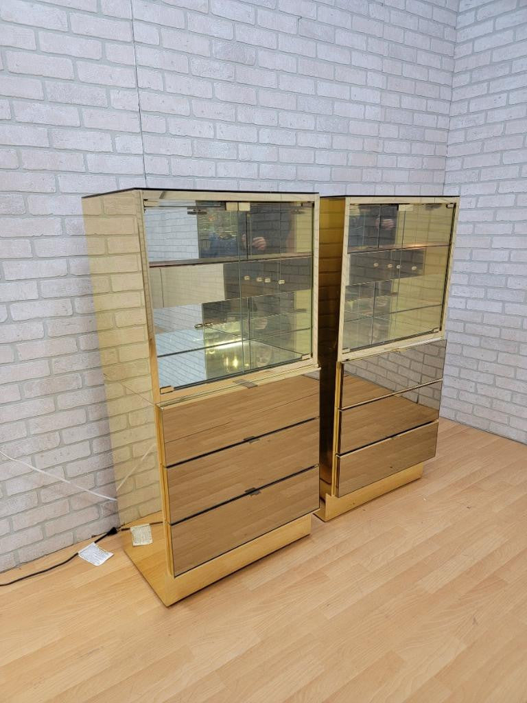 Mid Century Ello Smoked Mirrored 2-Tier Lighted Glass Door Display Cabinet with 3-Drawer Side Chests - Pair