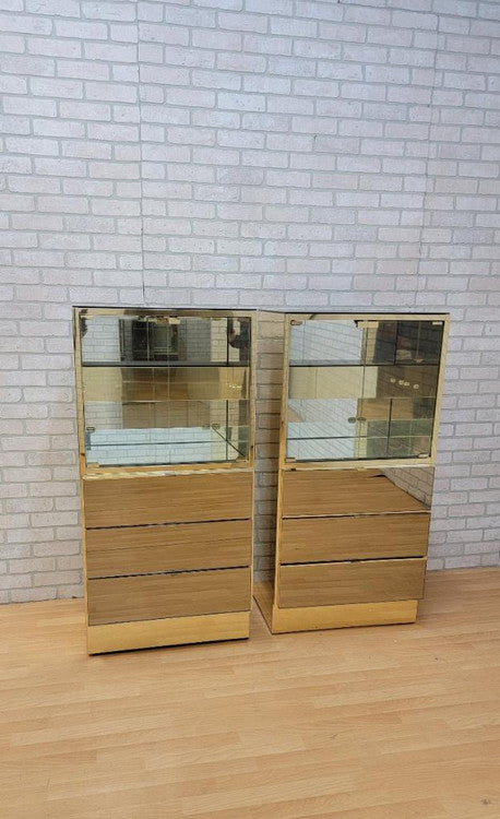 Mid Century Ello Smoked Mirrored 2-Tier Lighted Glass Door Display Cabinet with 3-Drawer Side Chests - Pair