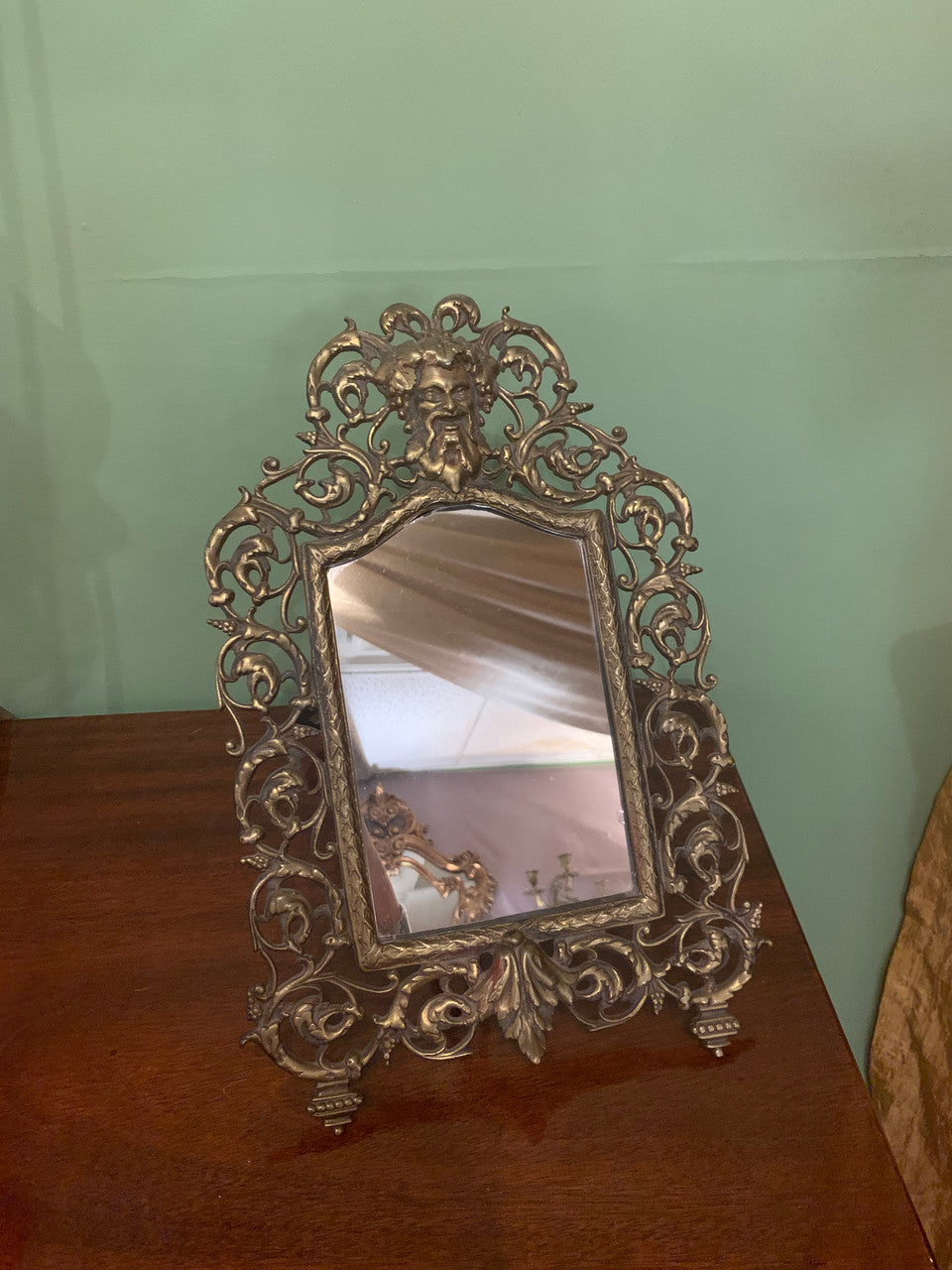Antique Victorian Ornate Easel Back Devil Head Beveled Glass Framed Table Mirror - Pair