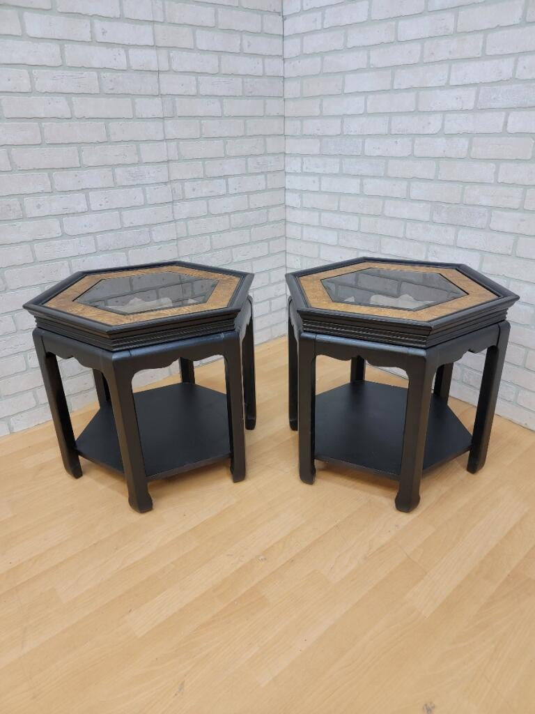 Vintage Chinoiserie Style Ebony and Burled-Wood with Smoked Glass Insert Hexagon Side Tables - Pair