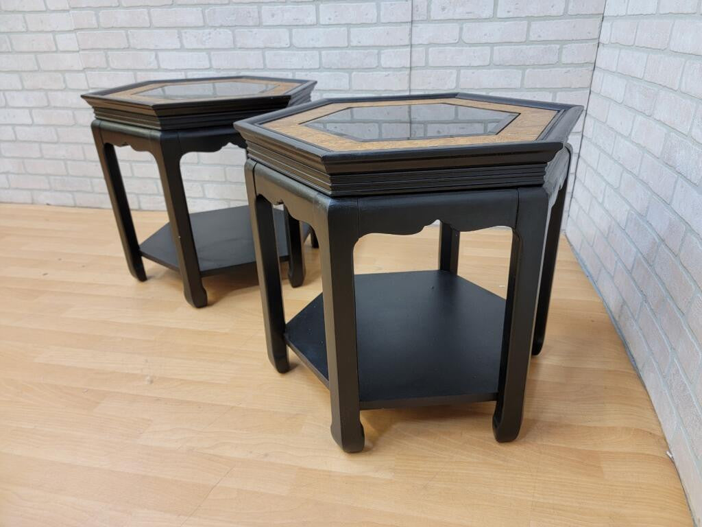 Vintage Chinoiserie Style Ebony and Burled-Wood with Smoked Glass Insert Hexagon Side Tables - Pair