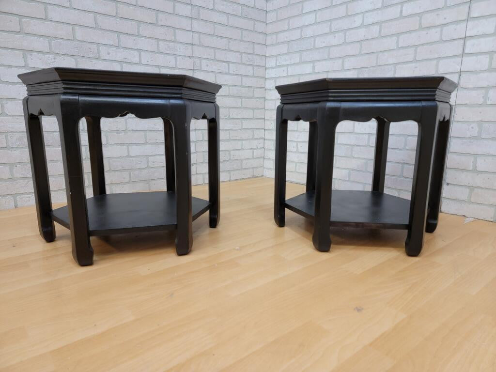 Vintage Pair of Chinoiserie Ebony and Burled-Wood with Smoked Glass Insert Hexagon Side Tables