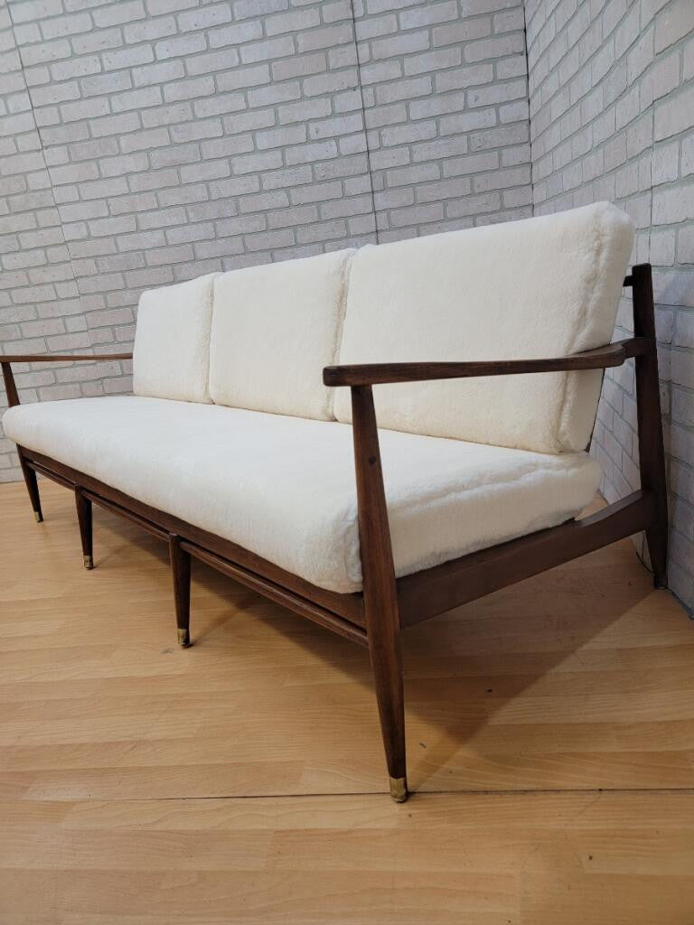 Danish Modern Walnut Frame Sofa Newly Upholstered in Ivory Sheep's Wool Shearling by Ib Kofod-Larsen