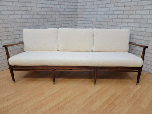 Danish Modern Walnut Frame Sofa Newly Upholstered in Ivory Sheep's Wool Shearling by Ib Kofod-Larsen
