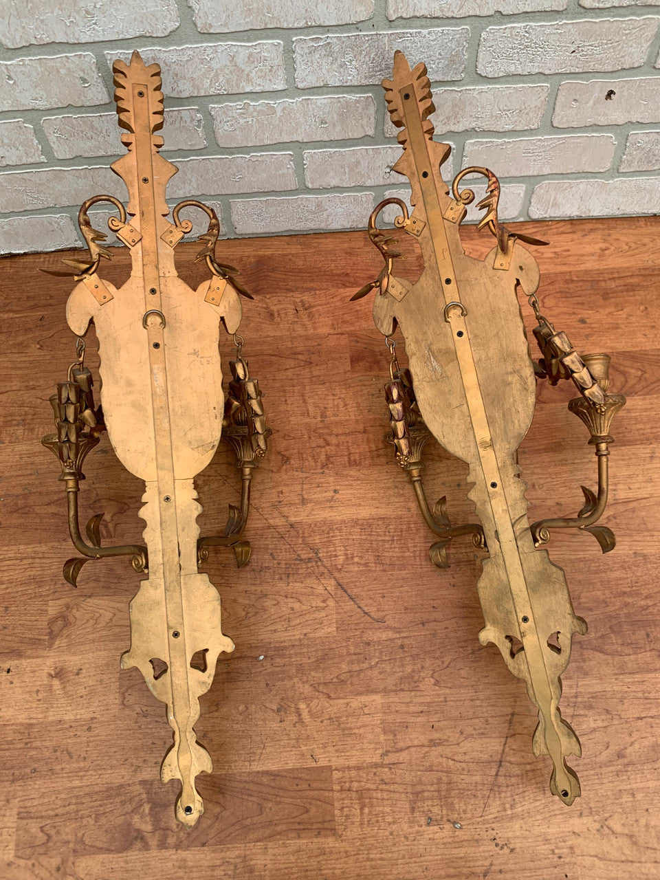 Antique Neoclassical Style Saltram Gilded Three Arm Candle Wall Sconces - Pair