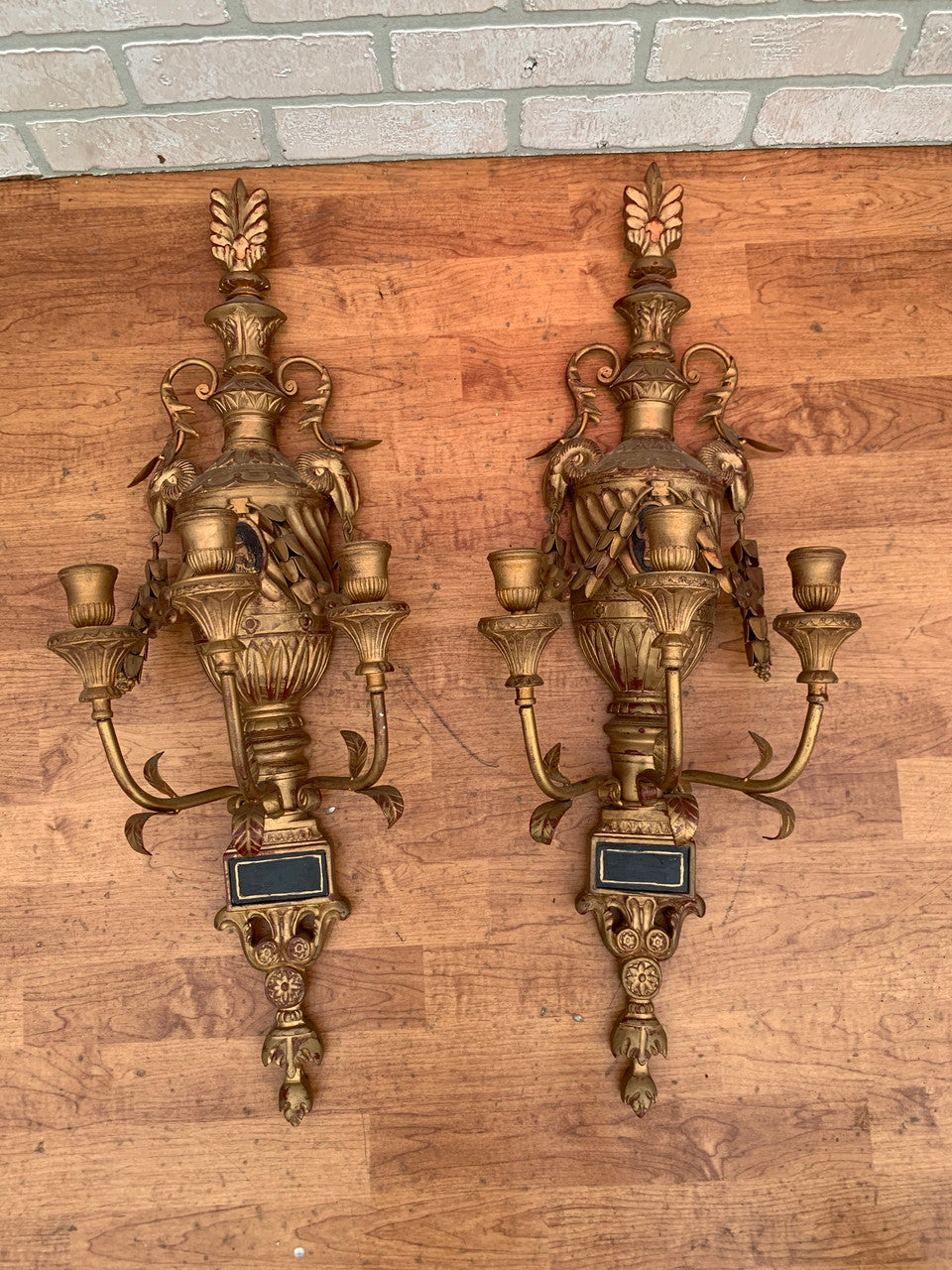 Antique Neoclassical Style Saltram Gilded Three Arm Candle Wall Sconces - Pair