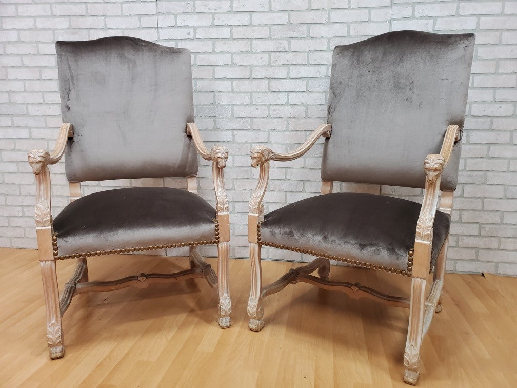 Antique French Carved Lions Head Armchairs Newly Upholstered - Pair