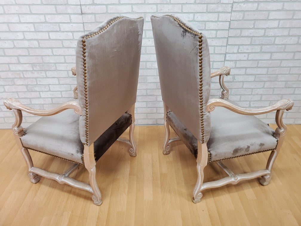 Antique French Carved Lions Head Armchairs Newly Upholstered - Pair