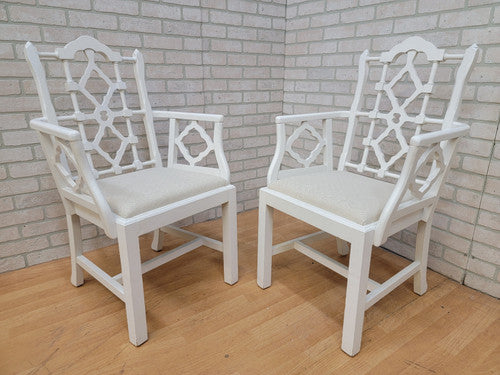 Mid Century Frances Elkins Style White Chinoiserie Chairs - Pair