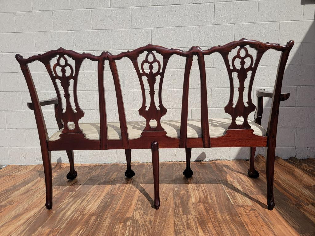 Vintage Mahogany Finely Carved Chippendale Style 3-Back Settee/Arm-Bench