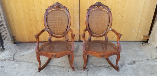 Antique French Mahogany Louis XV Style Heavily Carved Cane Rocking Chairs - Pair