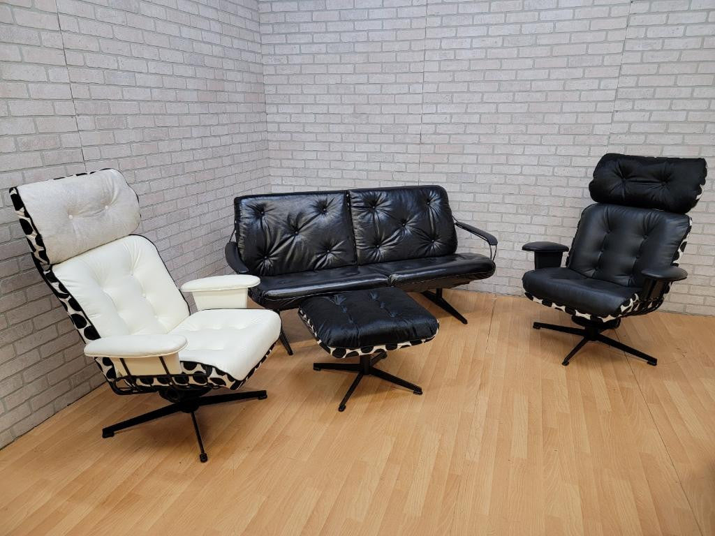 Mid Century Modern Homecrest Indoor/Outdoor Black Wire 2 Swivel Lounges, Loveseat and Ottoman by Newly Upholstered - 4 Piece Set